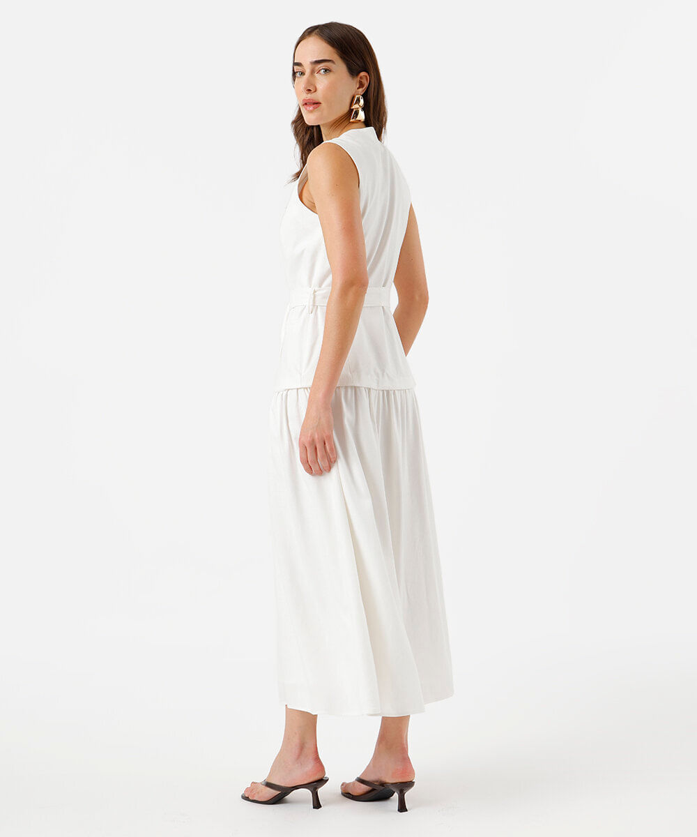 vestido midi feminino com linho decote v off white