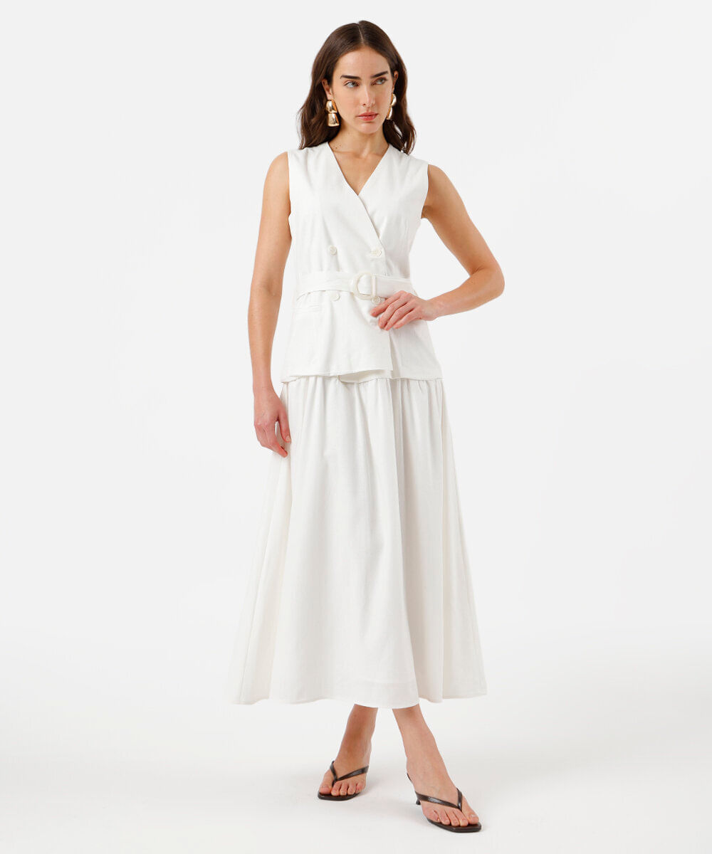 vestido midi feminino com linho decote v off white