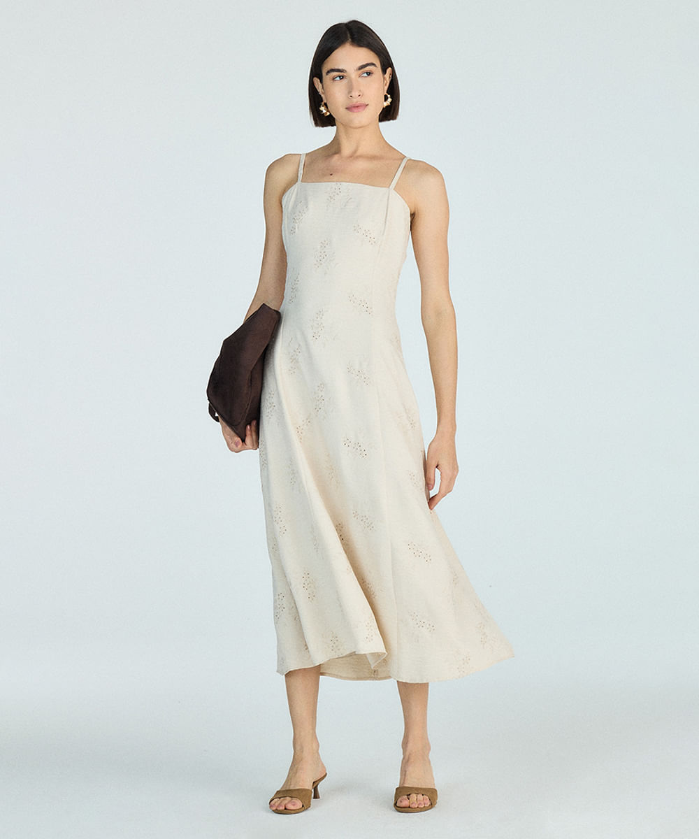 vestido midi feminino com bordado bege