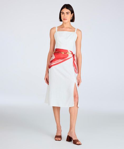 vestido midi com linho decote quadrado off white
