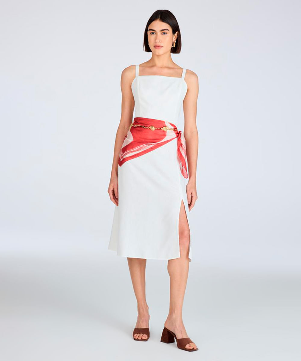 vestido midi com linho decote quadrado off white