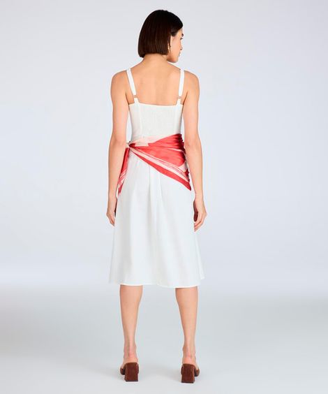 vestido midi com linho decote quadrado off white