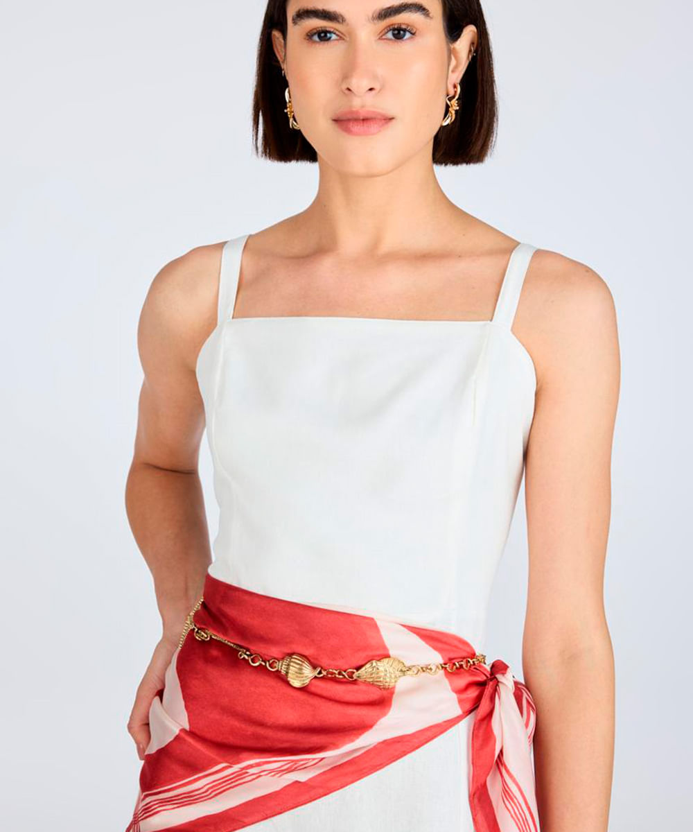 vestido midi com linho decote quadrado off white