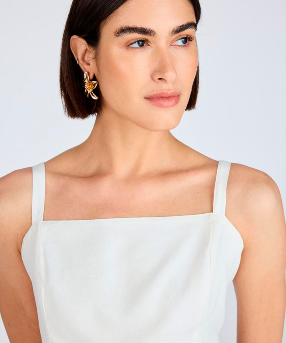 vestido midi com linho decote quadrado off white