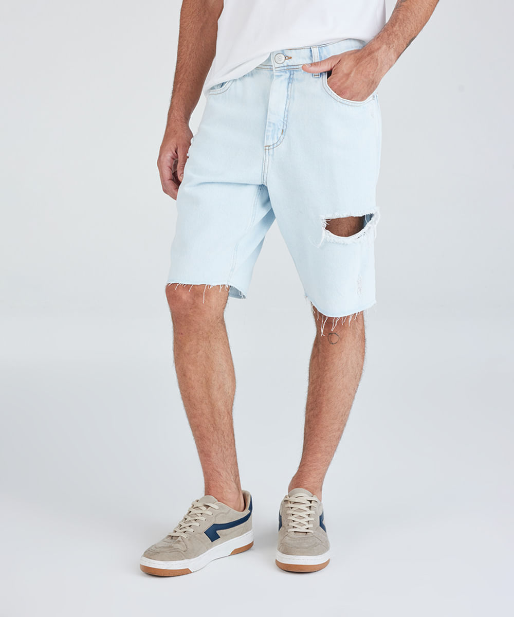 bermuda slim masculina jeans destroyed azul