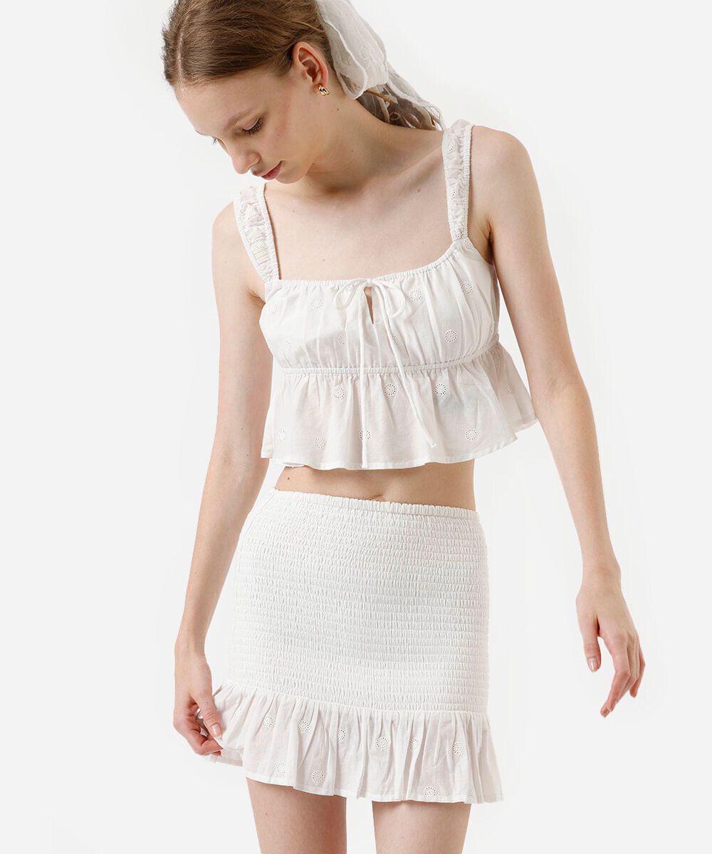 cropped feminino de algodão franzido com bordado off white