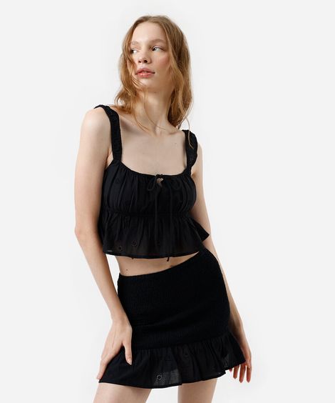 cropped feminino de algodão franzido com bordado preto