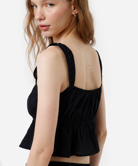 cropped feminino de algodão franzido com bordado preto