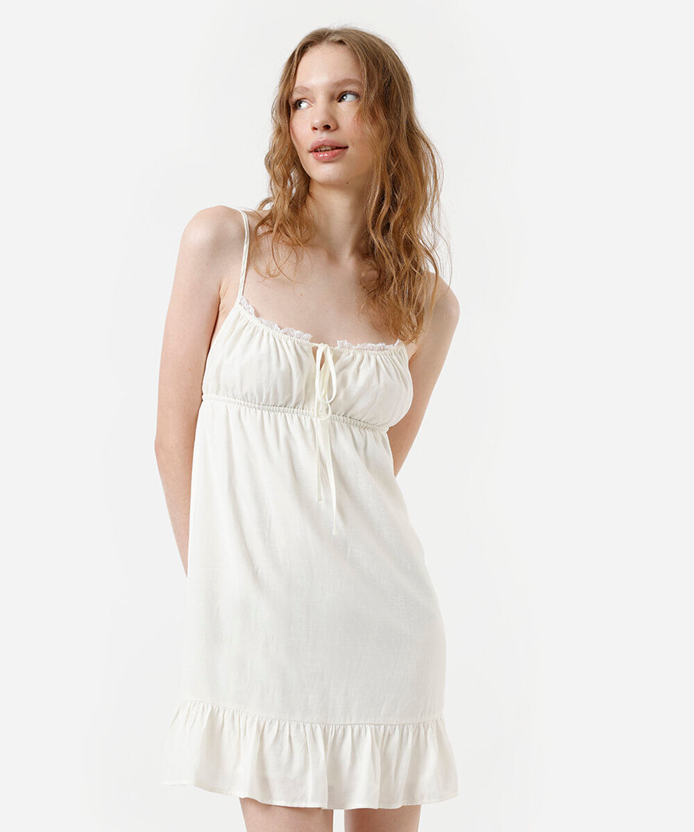 vestido curto alça fina feminino com viscose e renda off white