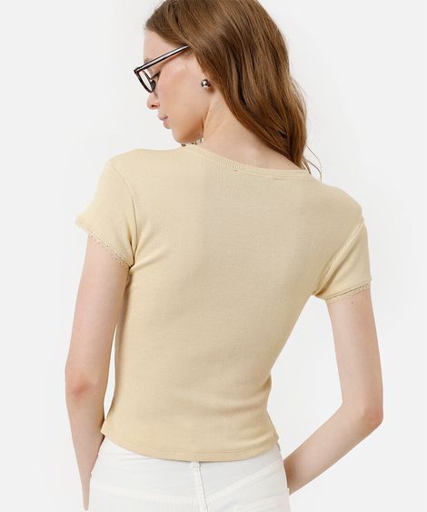 blusa baby look feminina com renda canelada cropped amarela