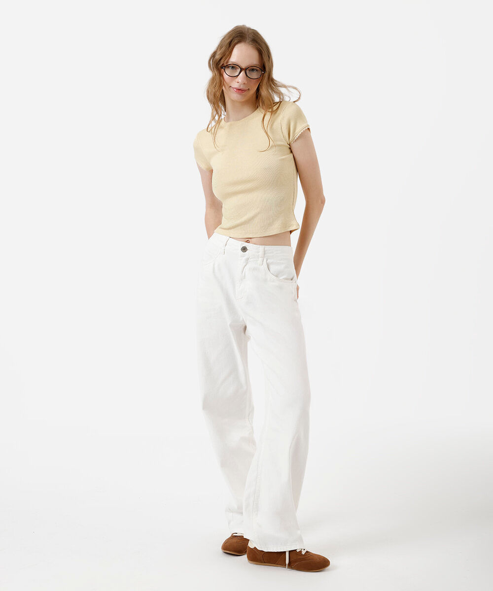 blusa baby look feminina com renda canelada cropped amarela