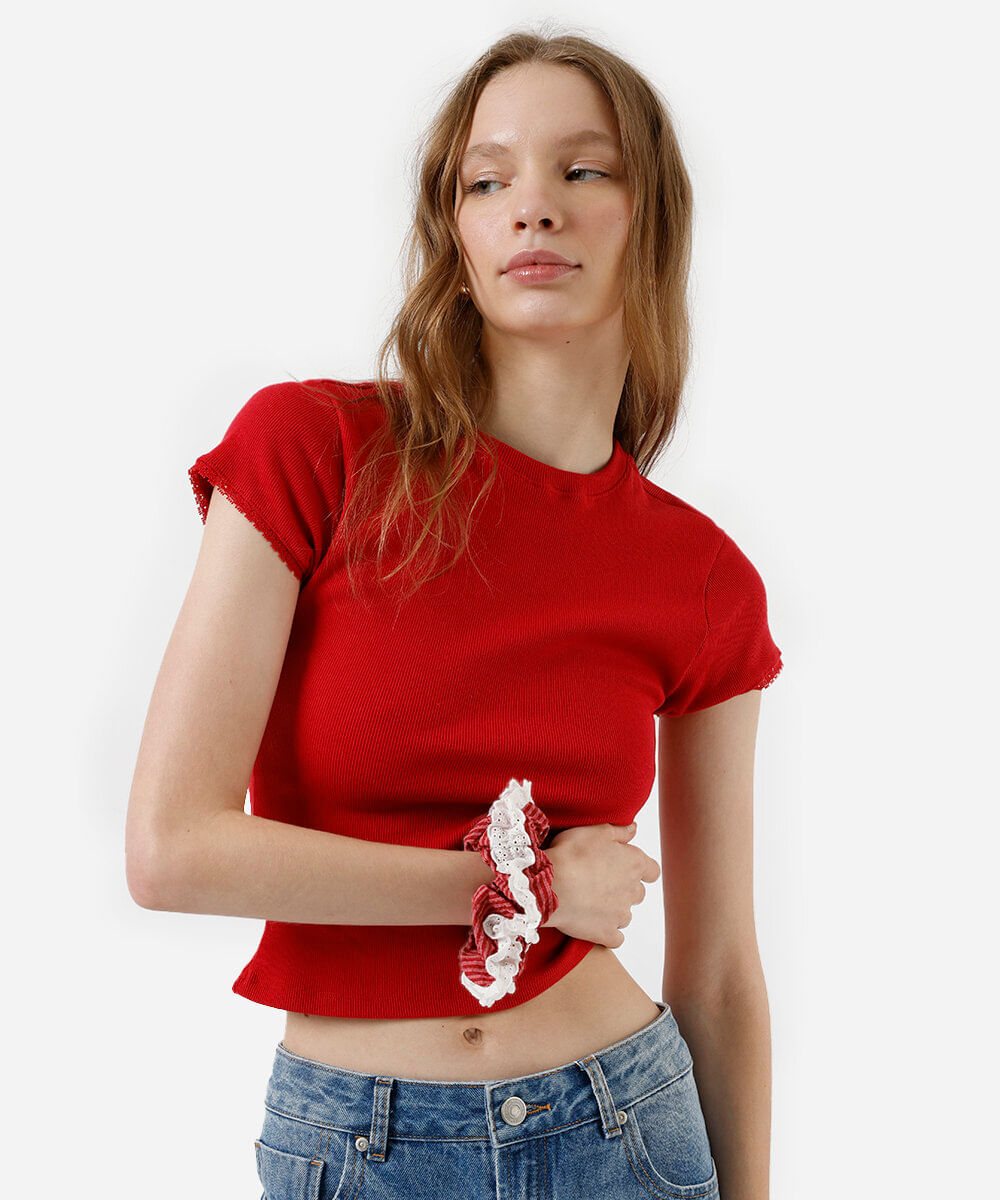 blusa baby look feminina com renda canelada cropped vermelha