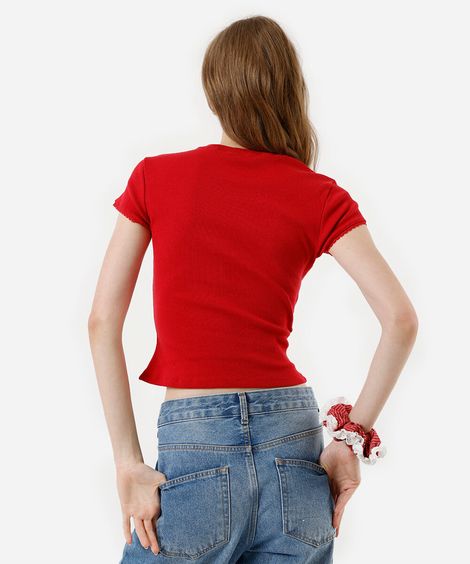 blusa baby look feminina com renda canelada cropped vermelha