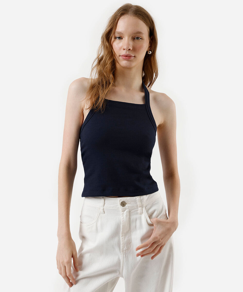 cropped frente única feminino de algodão canelado azul