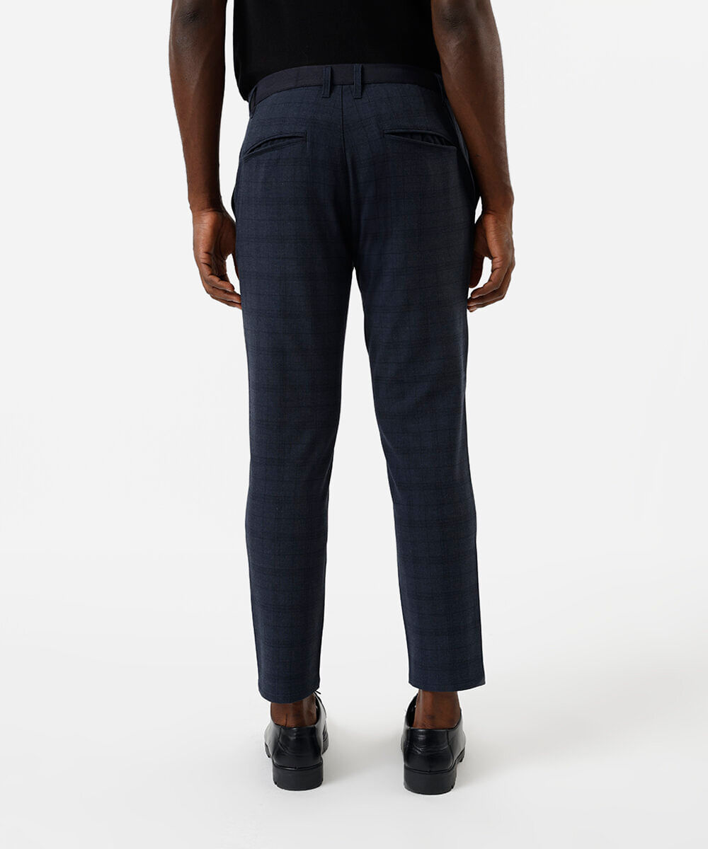 calça slim masculina xadrez com bolsos azul