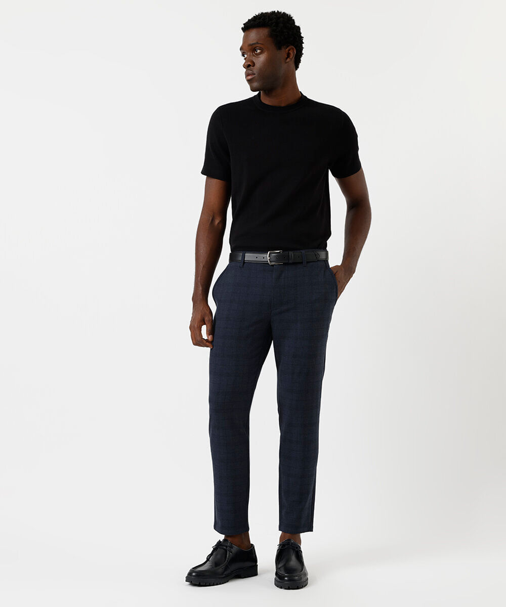 calça slim masculina xadrez com bolsos azul