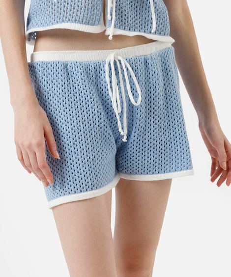 short curto feminino de tricot bicolor azul