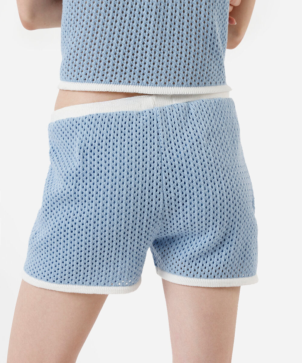 short curto feminino de tricot bicolor azul