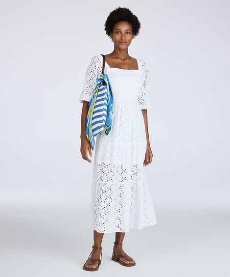 vestido midi feminino de laise manga bufante floral off white