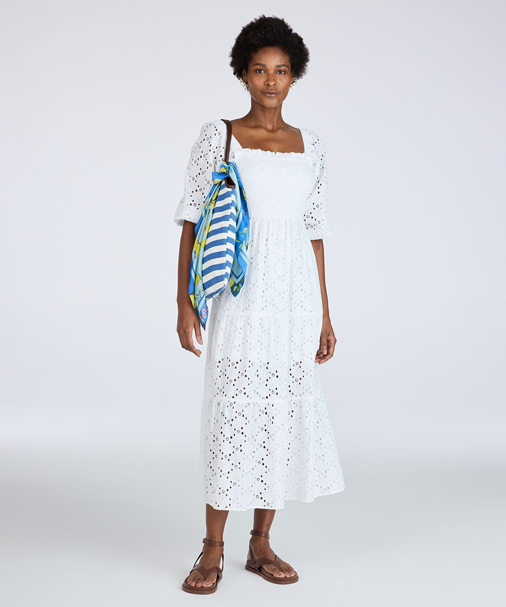 vestido midi feminino de laise manga bufante floral off white