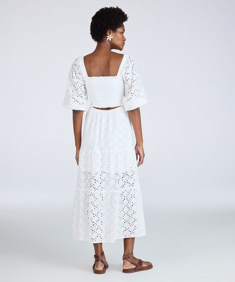 vestido midi feminino de laise manga bufante floral off white