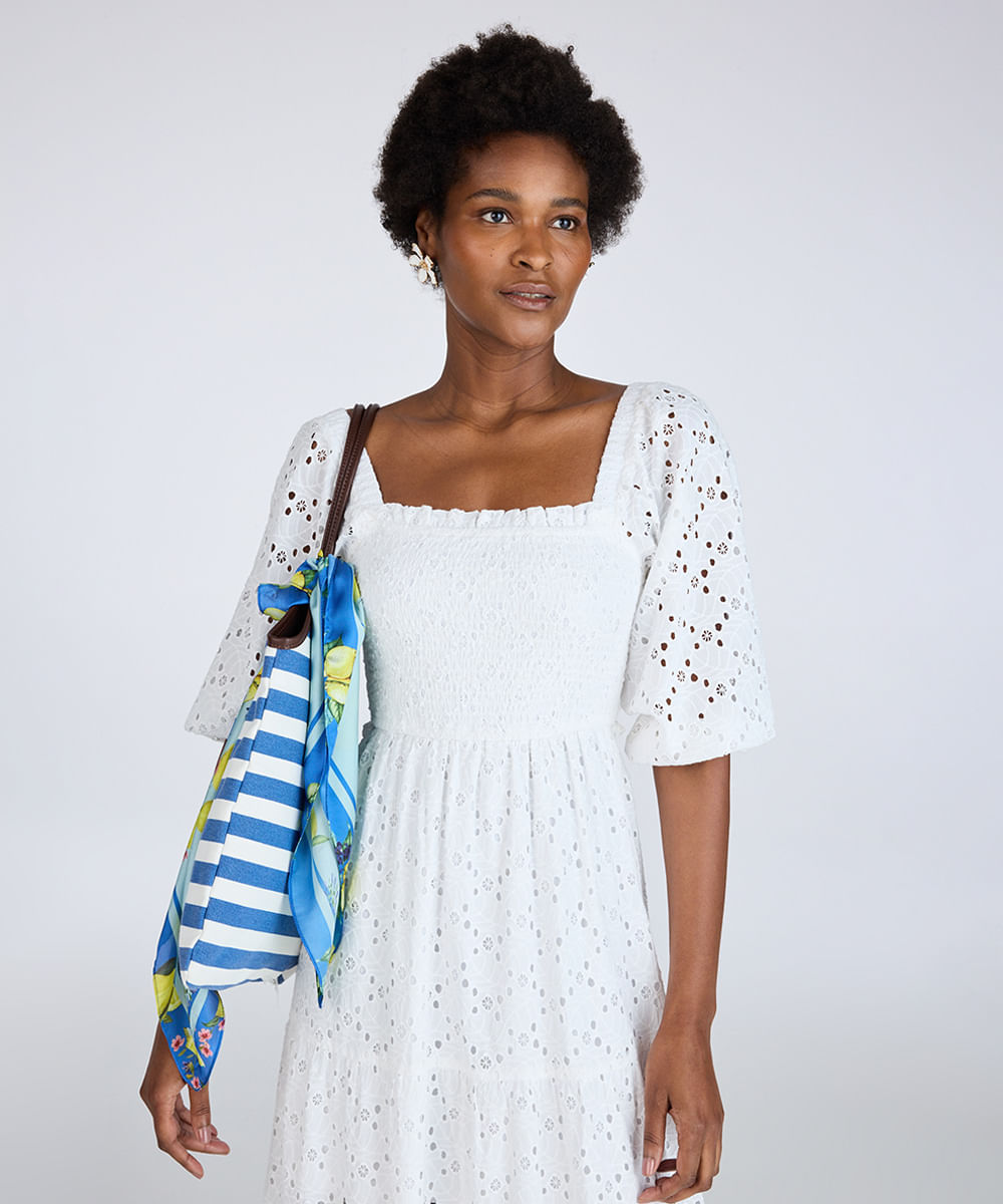 vestido midi feminino de laise manga bufante floral off white