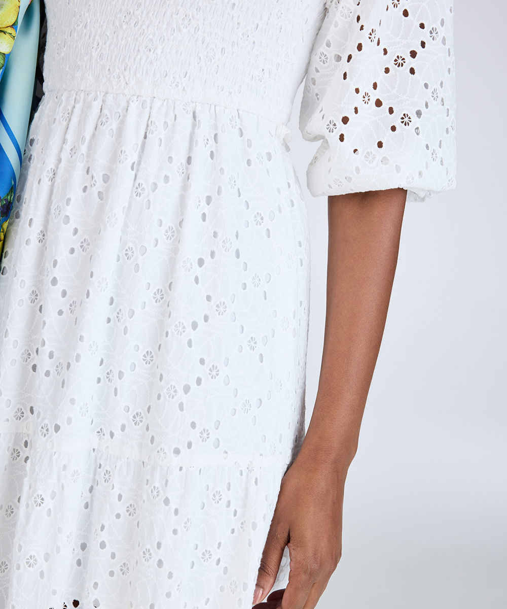 vestido midi feminino de laise manga bufante floral off white