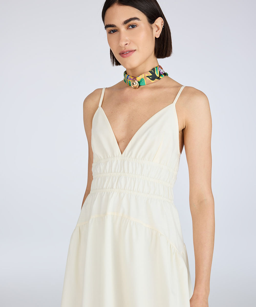 vestido midi feminino alça fina franzido amarelo