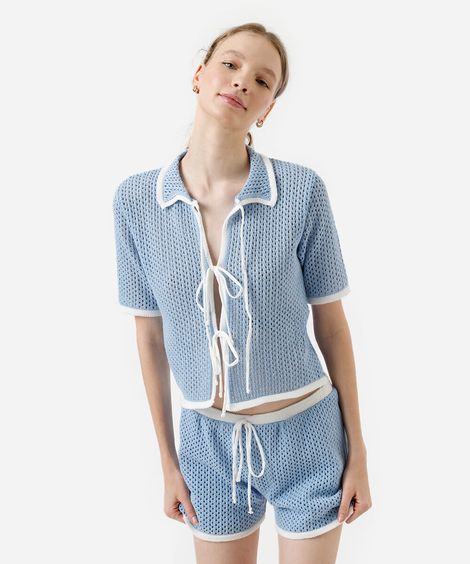 camisa feminina de tricot com amarração bicolor azul