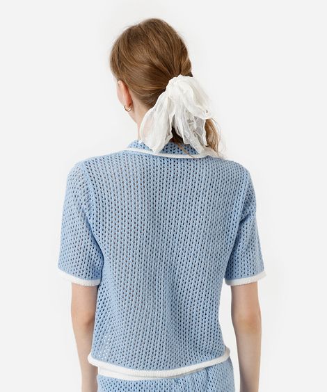 camisa feminina de tricot com amarração bicolor azul