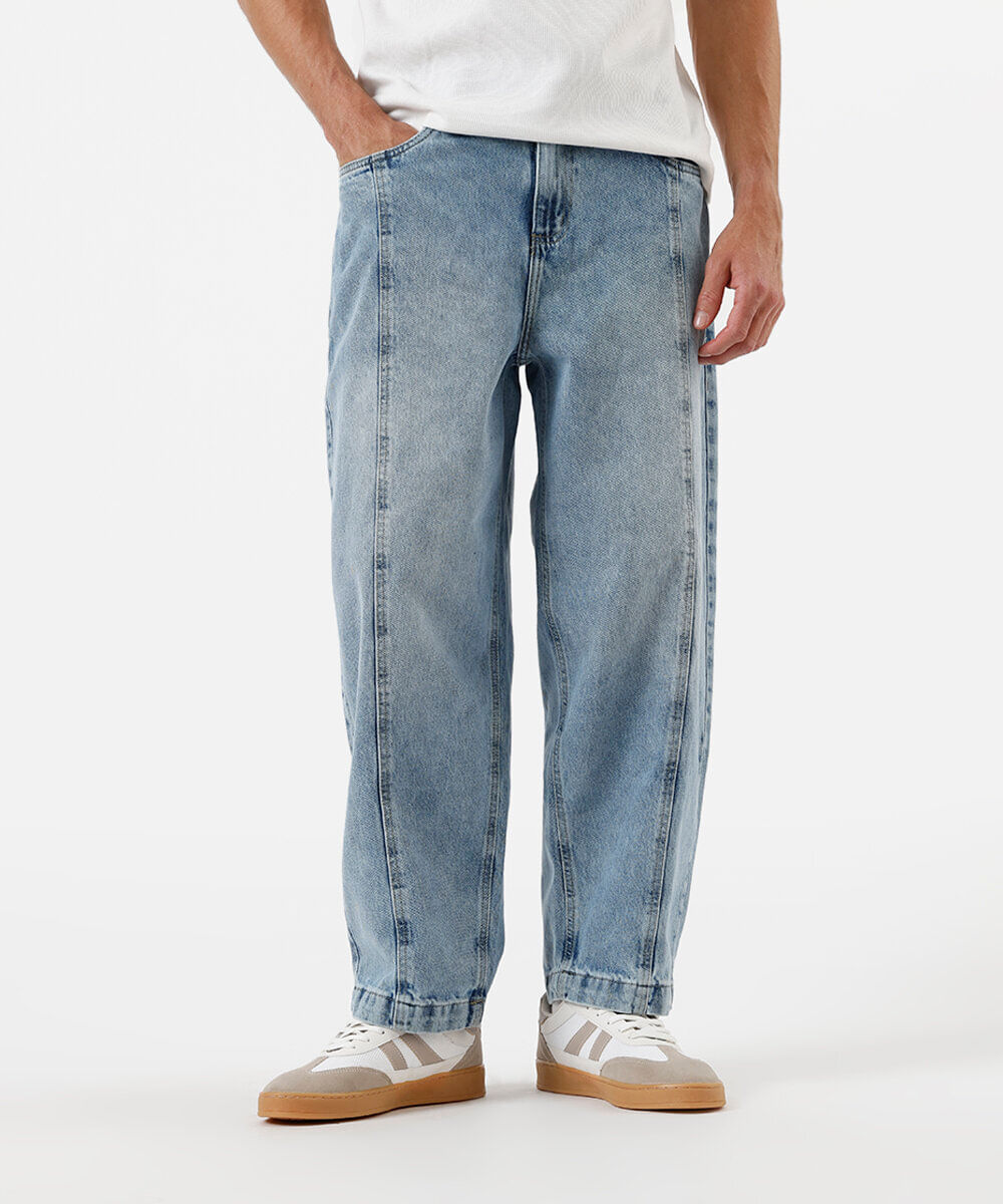 Calça Barrel Jeans com Recortes azul