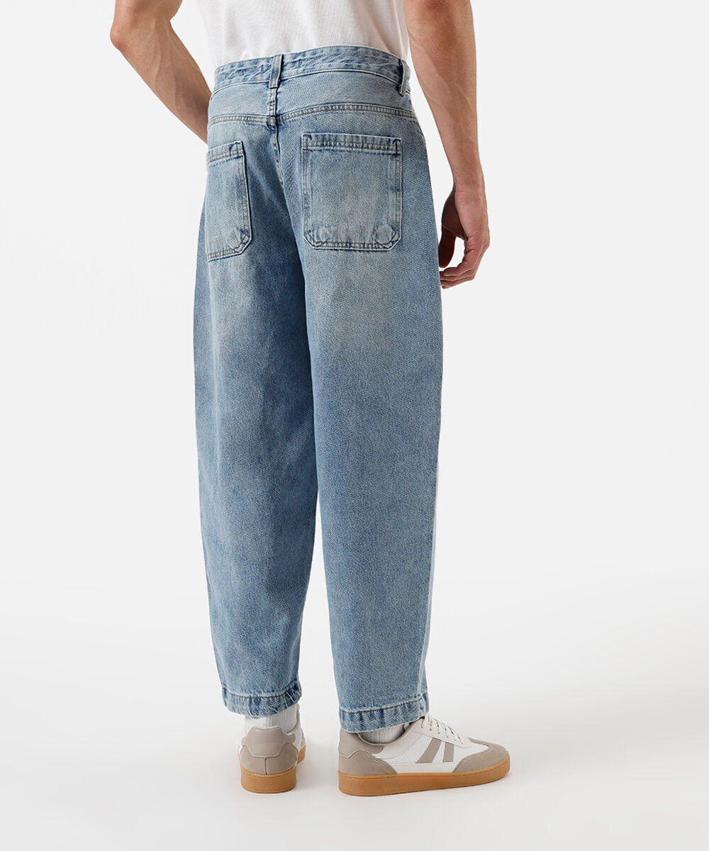 Calça Barrel Jeans com Recortes azul
