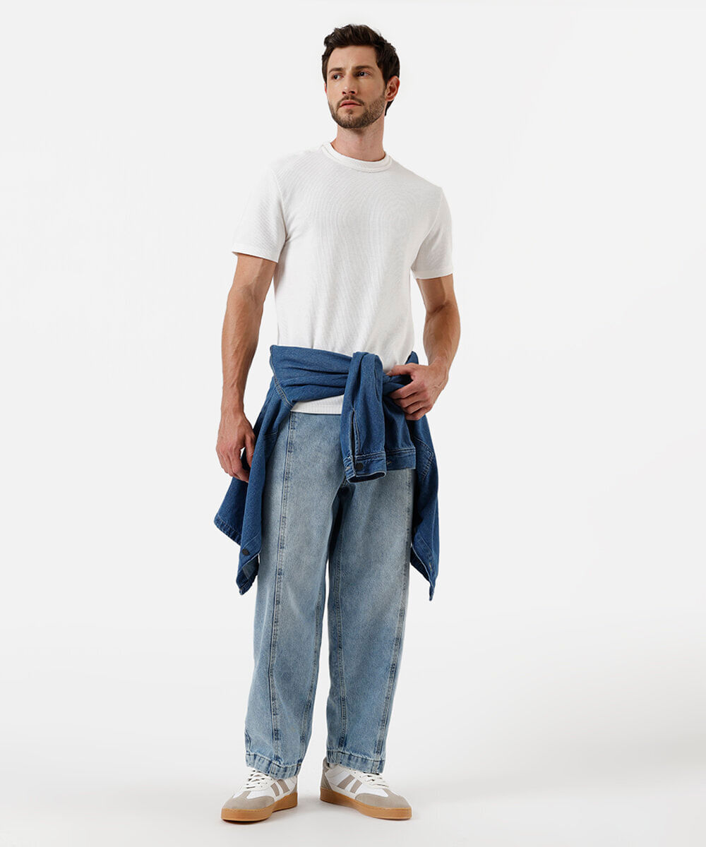 Calça Barrel Jeans com Recortes azul