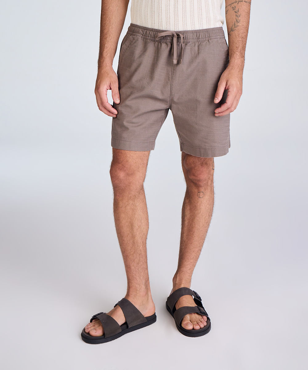 bermuda reta masculina de sarja cós elástico texturizada cinza