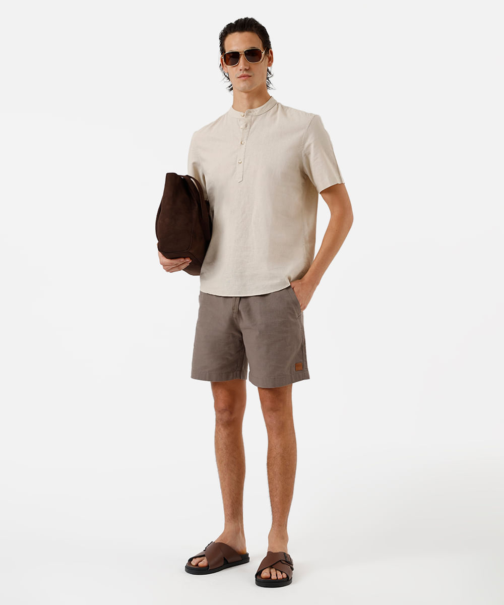 bermuda reta masculina de sarja cós elástico texturizada cinza