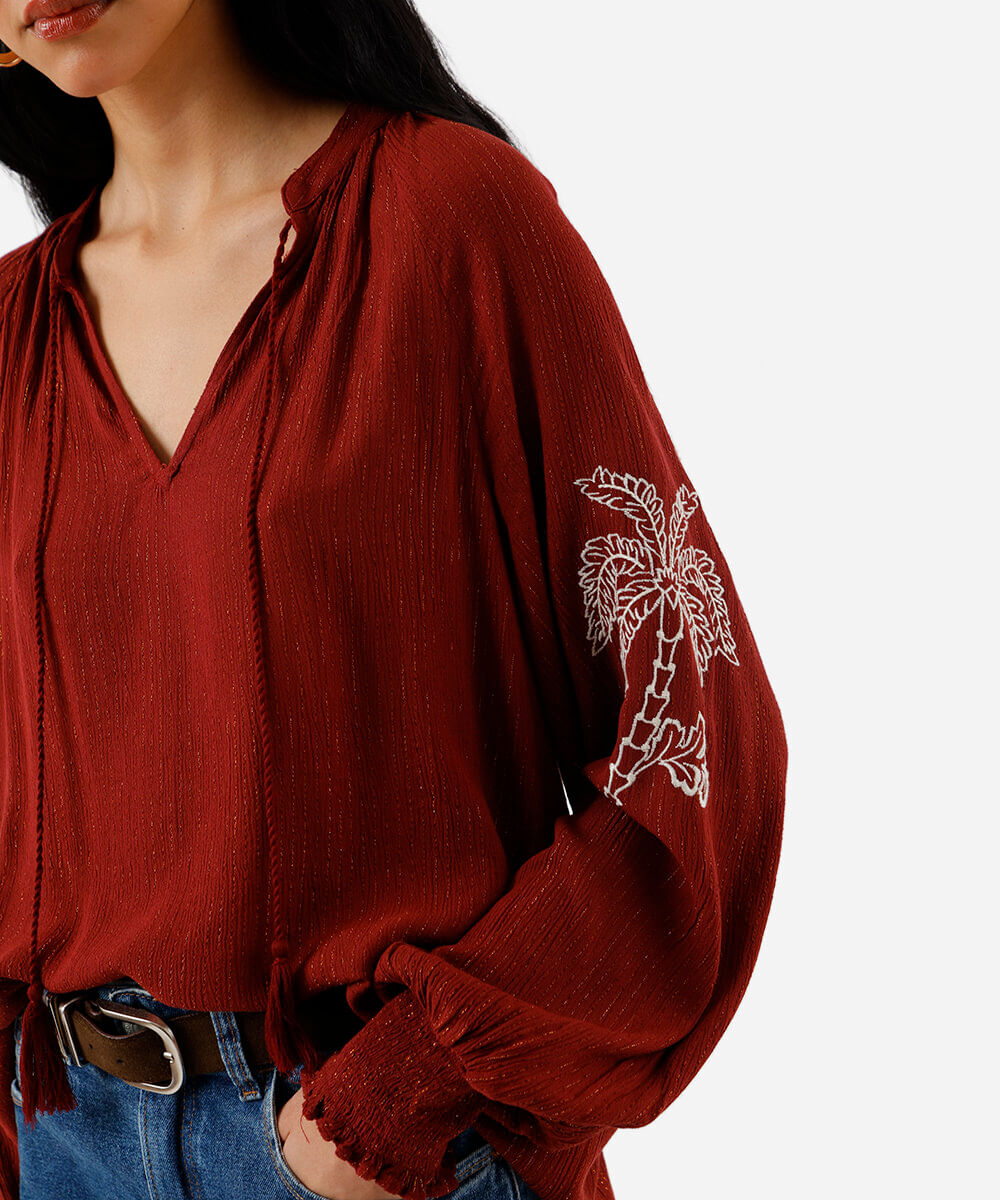 bata feminina com viscose e lurex folhagens vinho