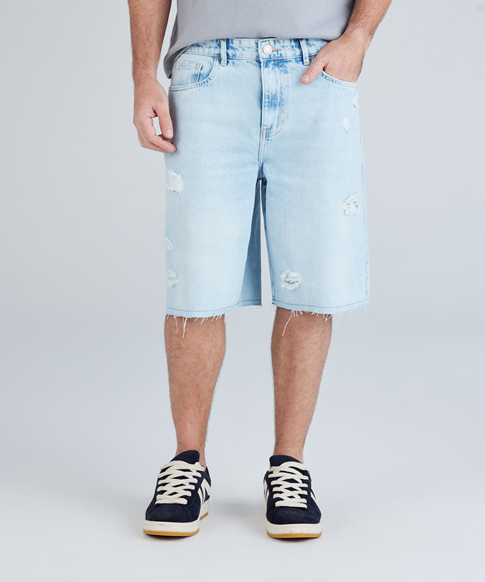 bermuda baggy masculina jeans destroyed azul