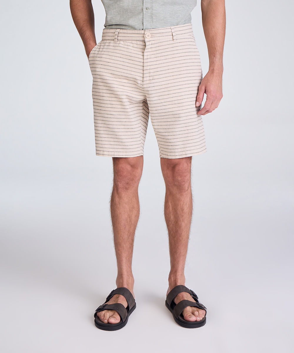 bermuda chino masculina de alfaiataria com linho listrada bege