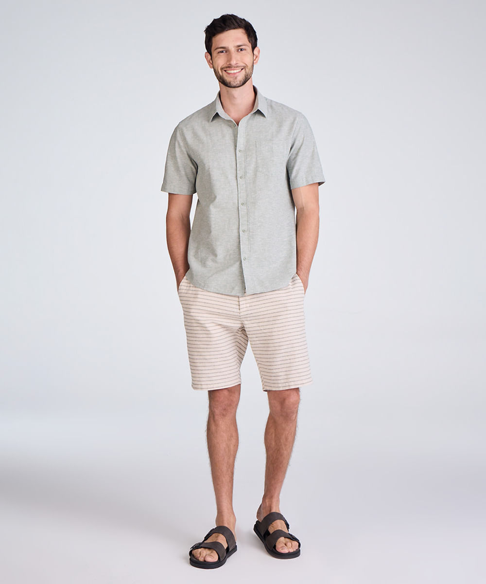 bermuda chino masculina de alfaiataria com linho listrada bege