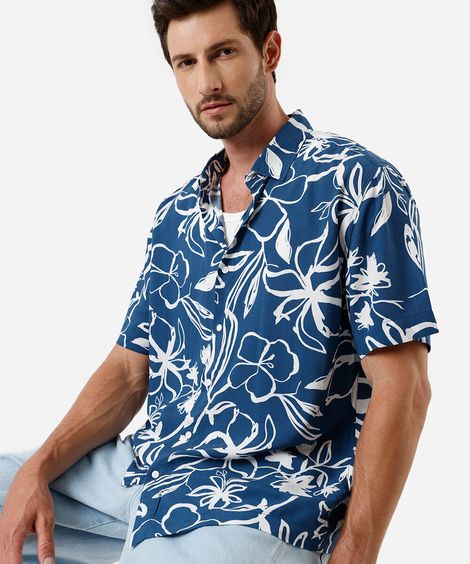 camisa masculina de viscose floral azul