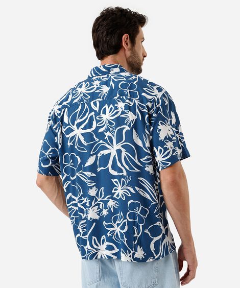 camisa masculina de viscose floral azul