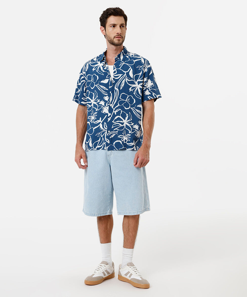 camisa masculina de viscose floral azul