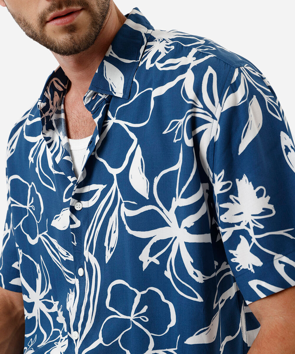 camisa masculina de viscose floral azul