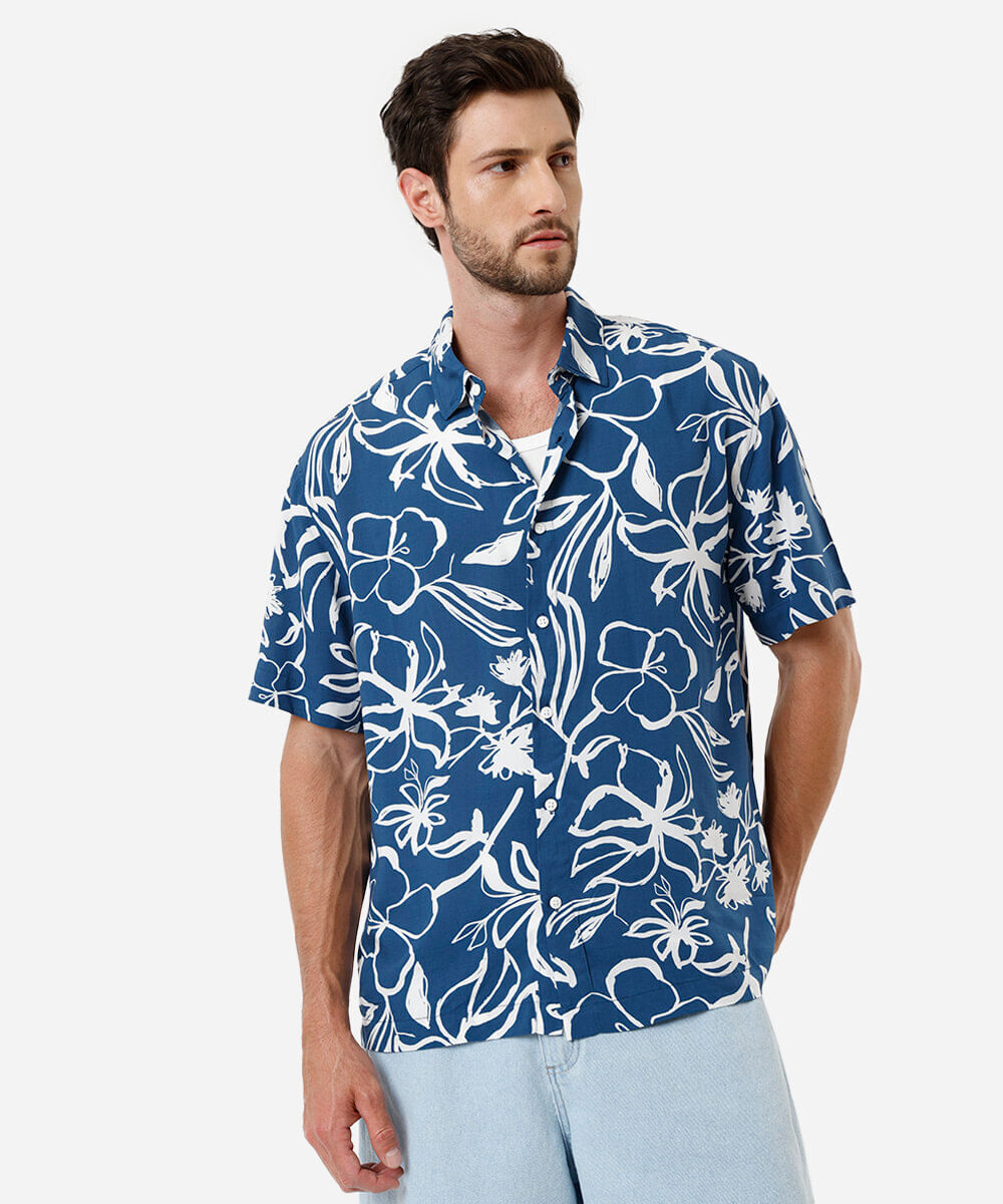 camisa masculina de viscose floral azul