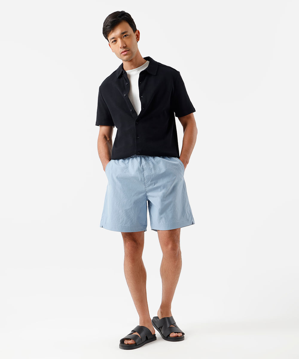 bermuda reta masculina cós elástico texturizada azul