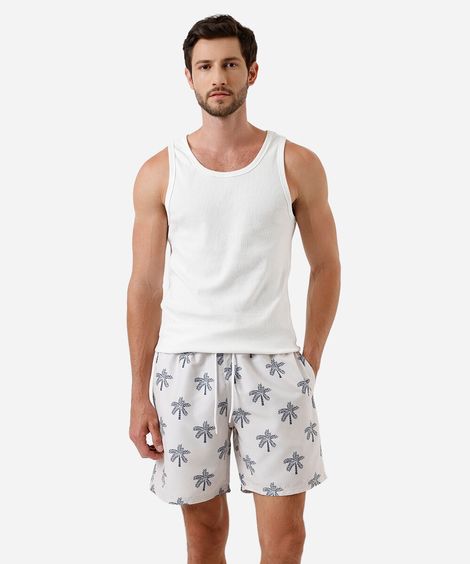 short masculino cós elástico folhagens off white