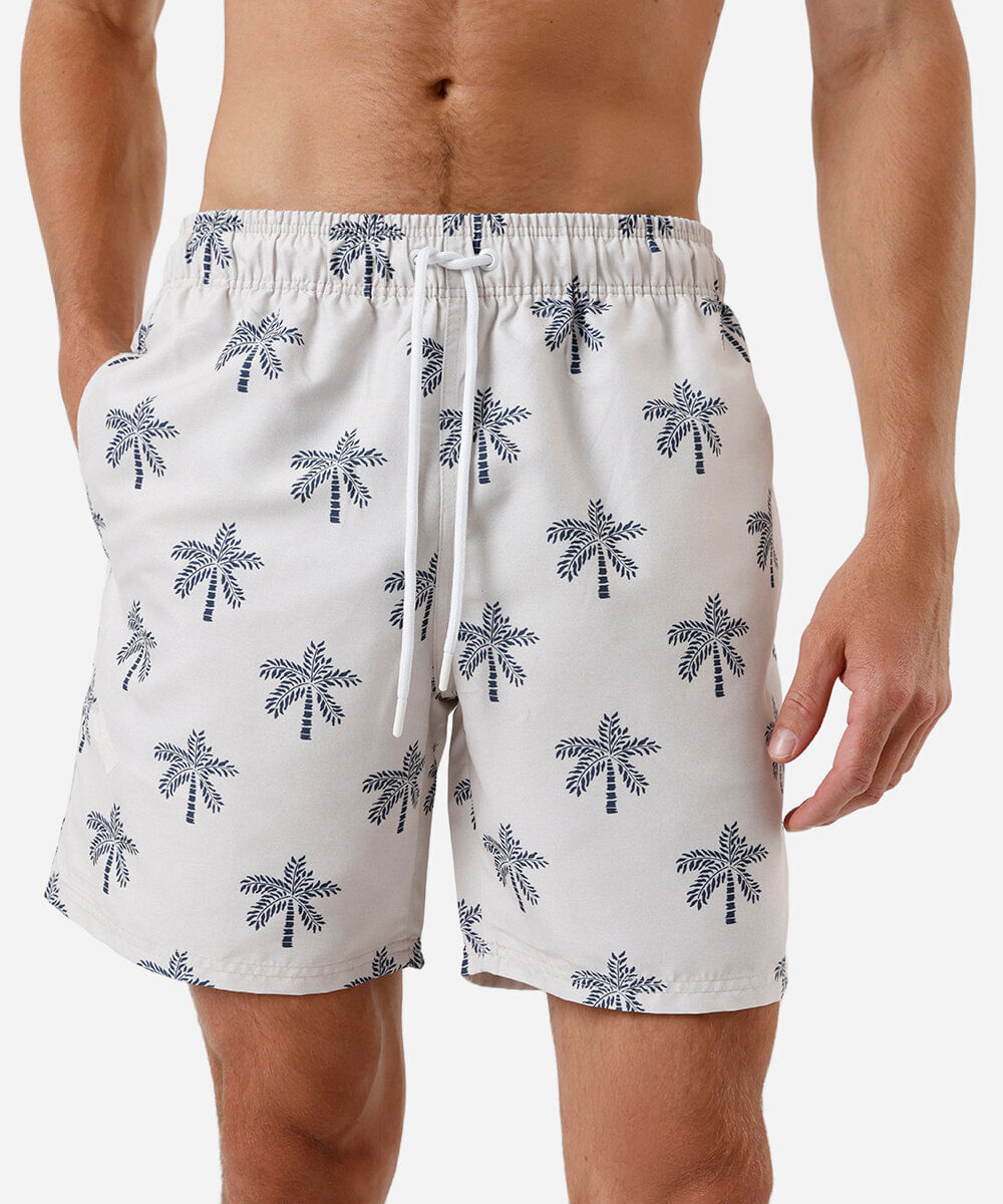 short masculino cós elástico folhagens off white
