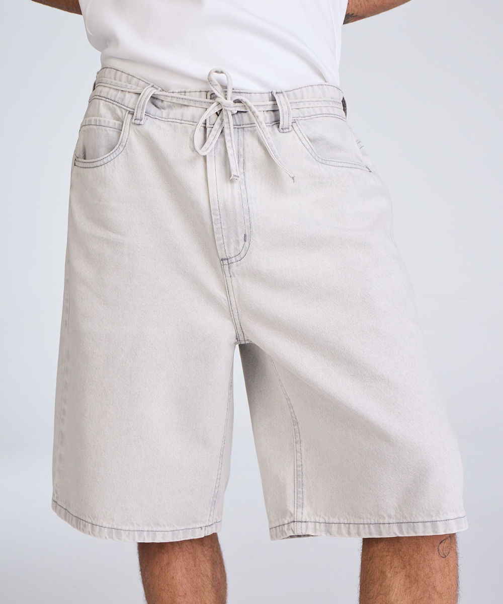 bermuda baggy masculina jeans com cordão cinza