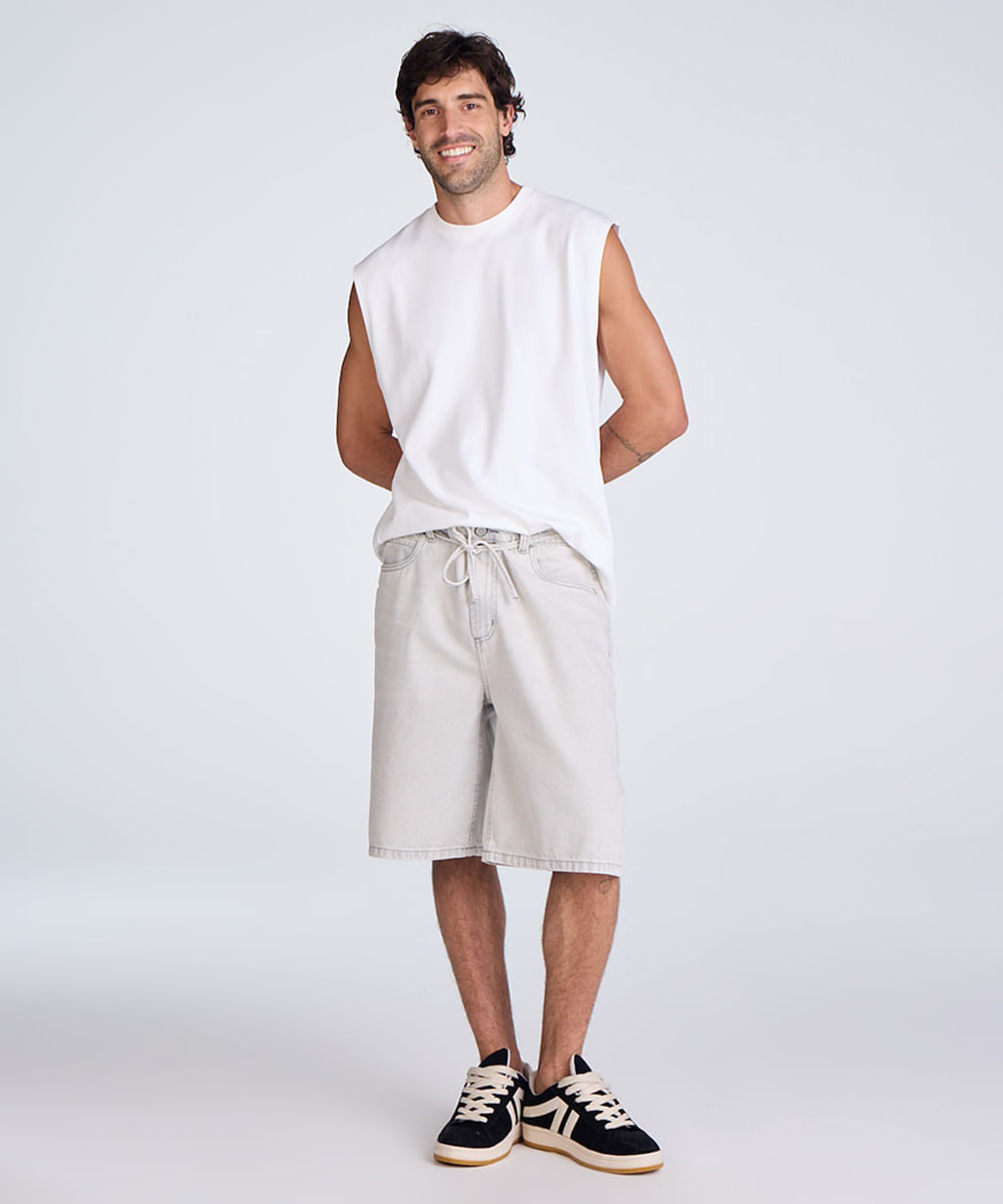 bermuda baggy masculina jeans com cordão cinza