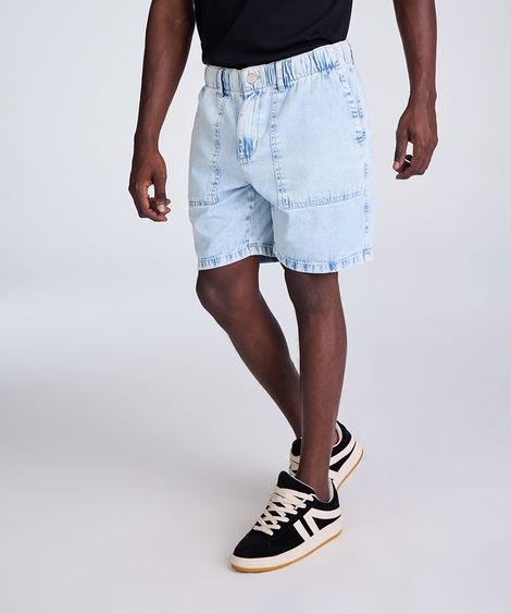 bermuda jogger masculina jeans com bolsos azul